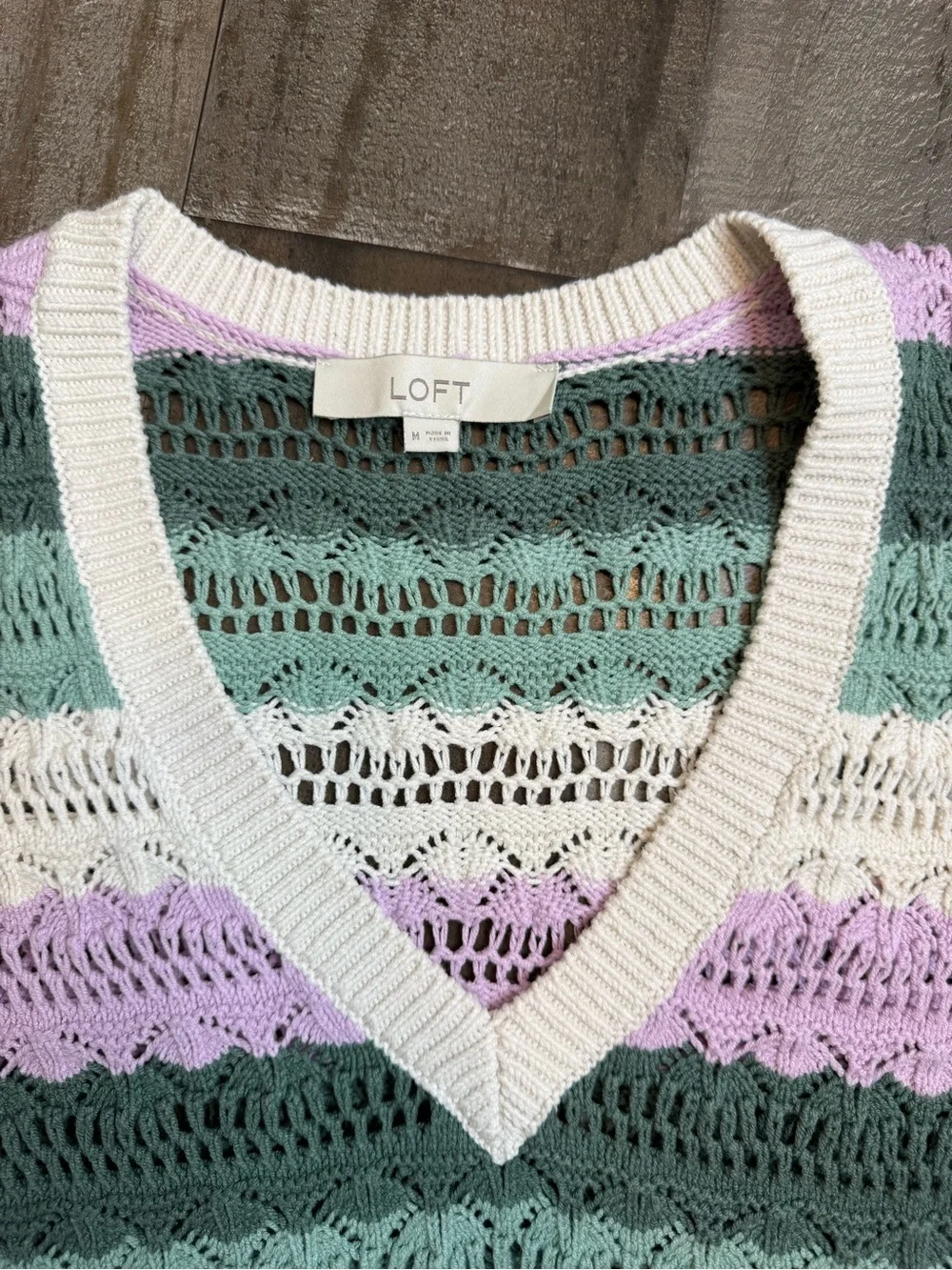 LOFT Striped Open-Knit V-Neck Sweater in Lavender, Green & White size Medium